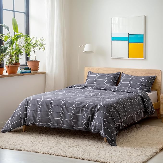 TOCOMOA Plaid Duvet Cover Set 100% Natural Cotton Soft Comfy Breathable 3 Piece Grey and White Pattern Printed Comforter Cover Bedding Set (Queen 90"x90", Comforter Not Included)