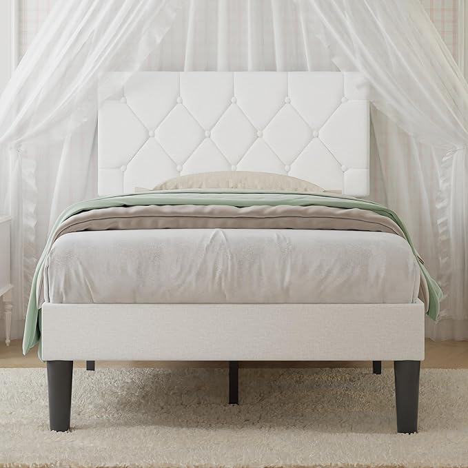 VECELO Twin Size Bed Frame with Button Tufted Headboard, Upholstered Platform Bedframe with Wood Slat Support, No Box Spring Needed, White