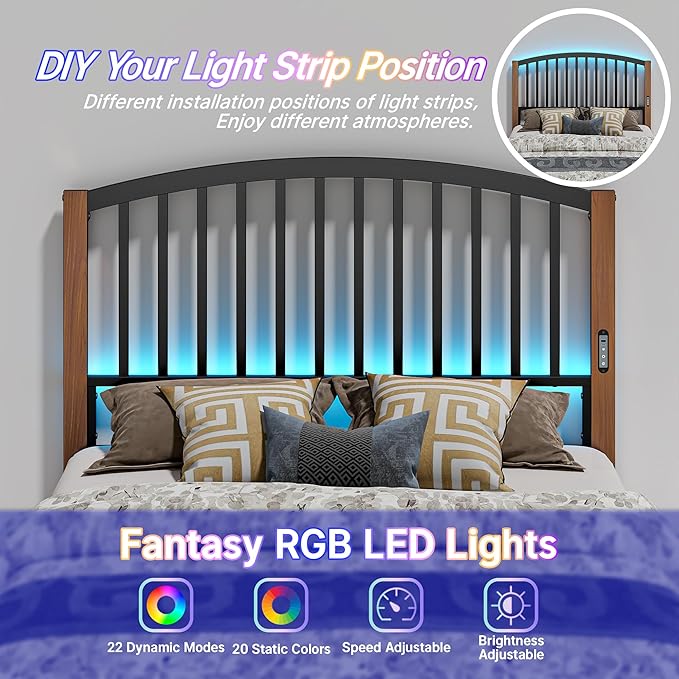Weehom Full Size Headboard Only, Metal Bed Headboard with LED Light and Charge Station, Adjustable Height Full Headboard with Vintage Cherry Wood Grain Legs, Easy Assembly