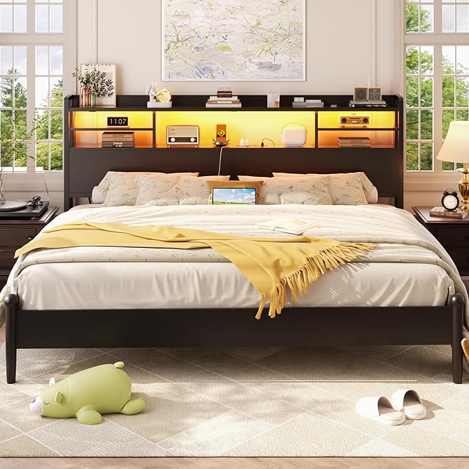 Aheaplus Headboard for King Size Bed with Storage, Headboards with LED Light, Power Outlets, USB Ports King Size Head Board, Wood headboard Only Sturdy and Stable Headboards, Modern, Black