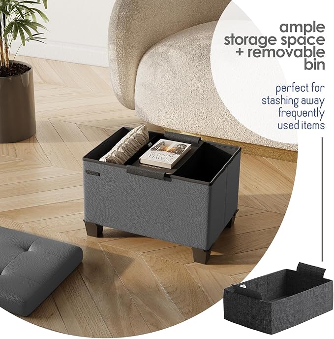 Storage Ottoman Cube with Small Bin, 16-in Square Ottoman with Storage for Living Room and Bedroom, Small Ottomans Foot Rest, Leather Foot Stools Ottomans Max 330lbs, Grey