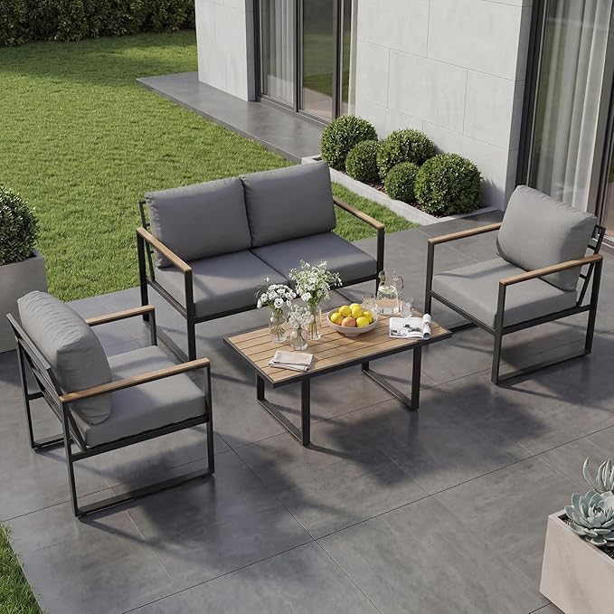 GarveeHome 4-Piece Aluminum Patio Furniture Set with Coffee Table, Outdoor Sectional Conversation Set with Washable High-Resiliency Sponge Cushions, Modern Metal Sofa for Poolside, Deck (Gray)
