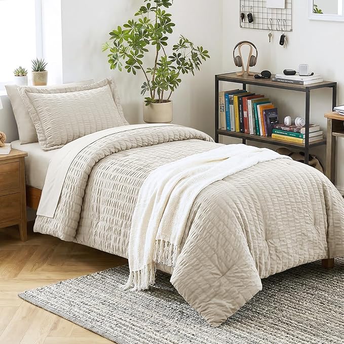 CozyLux Twin Comforter Set with Sheets 5 Pieces, Beige Seersucker Textured Bed in a Bag for Bedroom, Luxury Soft Bedding Sets with Down Alternative Comforter, Sheets, Pillowcase & Sham for All Seasons