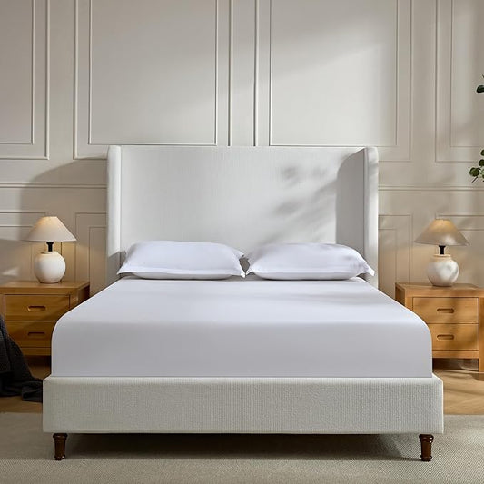 GDFStudio Tall Headboard Upholstered Bed,King Size Platform Bed Frame with Headboard Wingback,54" High No Box Spring Needed Easy Assembly Elegant Simplicity Cream White Chenille