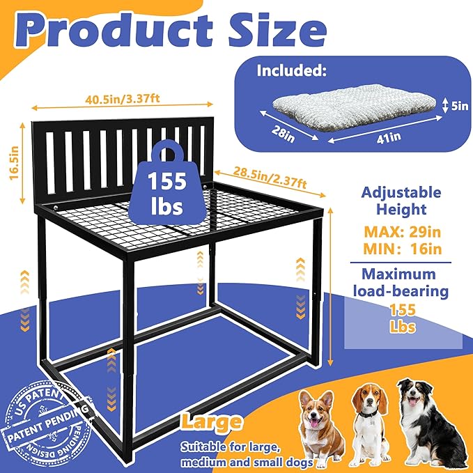 Heavy Duty Dog Bunk Bed, Adjustable Height Metal Dog Bed Frame with Wooden Side Panels & Washable Cushions, Elevated Raised Pet Bed for Large Dogs, 40.5''x28.5''