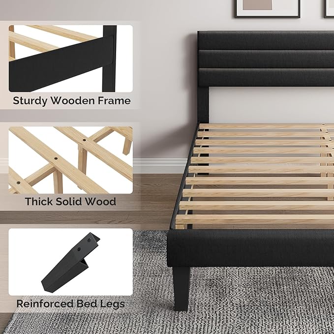 VINGLI Upholstered Bed Frame Queen, Faux Leather Platform Bed with Adjustable Headboard, Wood Mattress Foundation with Heavy Duty Slats Support,Luxury Modern,No Box Spring Needed, Black