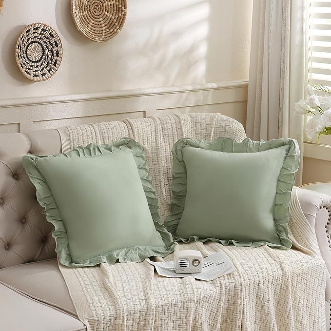 Merryword Green Pillowcases 18x18 Sage Green Throw Pillow Covers Pack of 2 Ruffle Pillowcase Cushion for Couch Sofa Bedroom