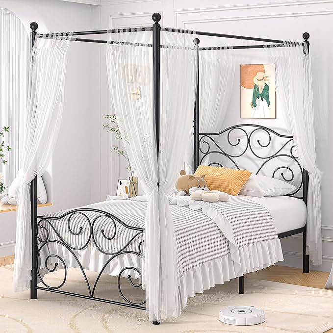 VECELO Metal Canopy Bed Frame Twin Size, 4 Posters Platform Mattress Foundation with Headboard, Heavy Duty Steel Slats Support, No Box Spring Needed, Black