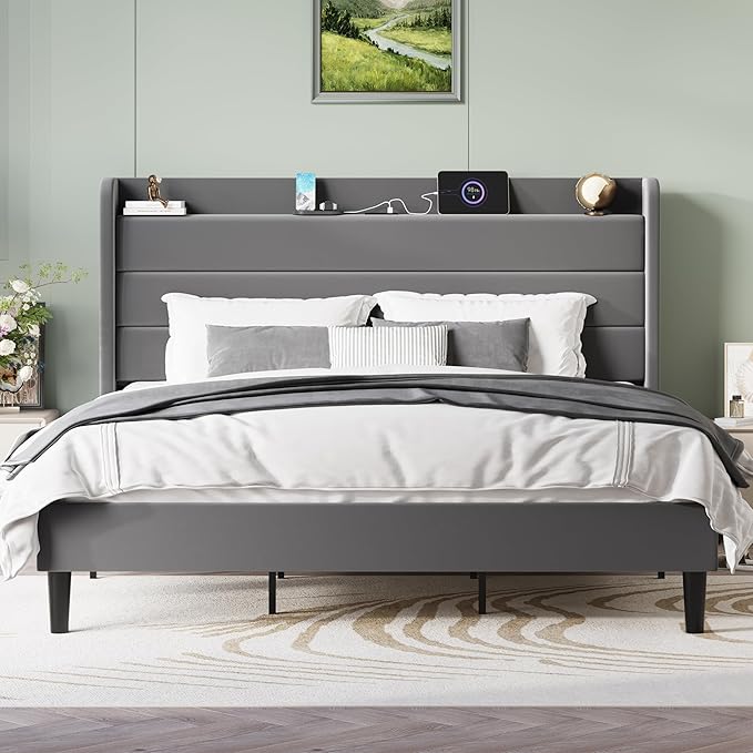 SHA CERLIN King Size Bed Frame with Charging Station, Velvet Upholstered Platform Bed, Wingback Storage Headboard, Type-C & USB Ports, Strong Wooden Slats, No Box Spring Needed, Easy Assembly, Grey