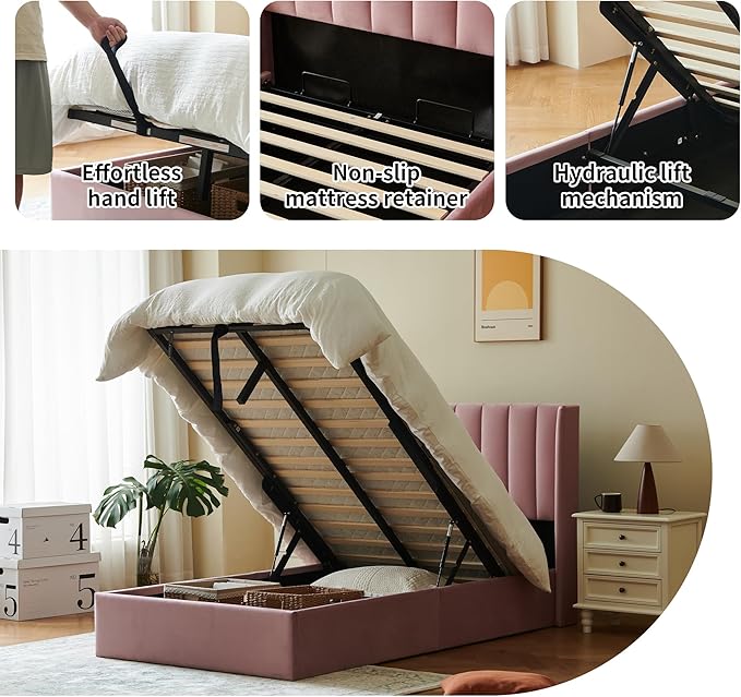 YUHUASHI Queen Size Hydraulic Storage Bed, Upholstered Platform Bed Frame, Modern Wingback Design Headboard, Velvet Fabric with Hydraulic Support Bars, No Box Spring Required (Pink, Twin)