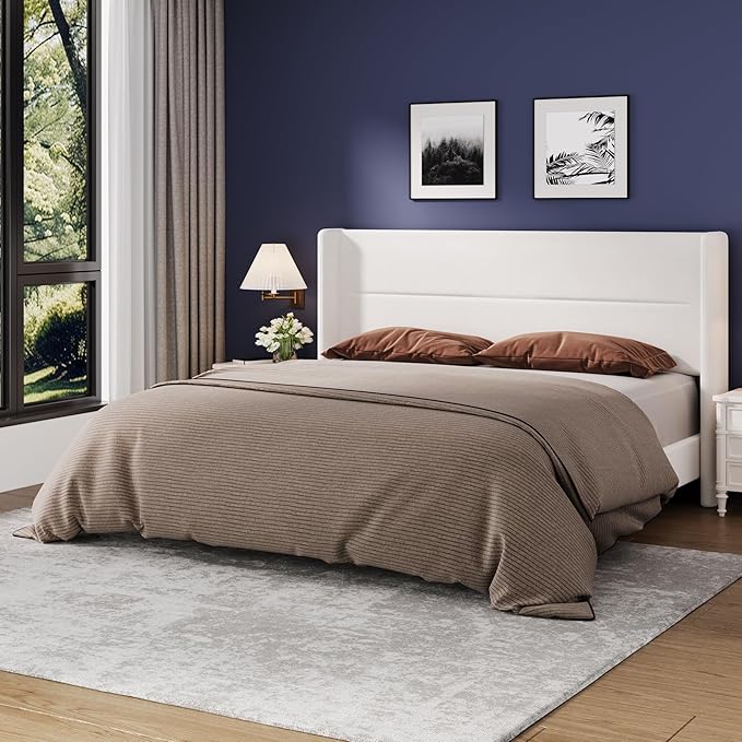 Garvee King Size Bed Frame with Wingback Headboard, Velvet Upholstered Platform Bedframe with Wood Slats, No Box Spring Needed, Easy Assembly, White