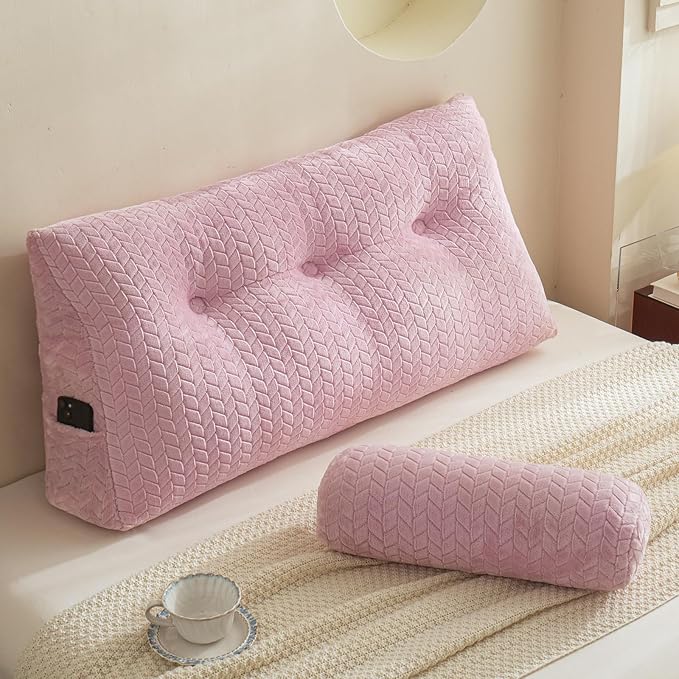 YOUR MOON Wedge Headboard Pillow Twin Size, Triangular Wedge Backrest Pillow with 1 Pack Neck Roll Pillows, Headboard Pillow for Bed,Daybed,and Lounging, Large Bed Bolster Pillows,Pink