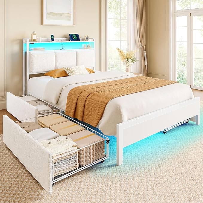 Rolanstar Bed Frame Twin Size with Charging Station and LED Lights, Upholstered Storage Headboard with Drawers, Heavy Duty Metal Slats, No Box Spring Needed, Noise Free, Easy Assembly, White