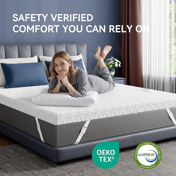 ELEMUSE 3 Inch Gel Memory Foam Mattress Topper Queen - Cooling Ice Silk Removable & Washable Cover, Mattress Topper for Back Pain Relief, Adjustable Strap & Non-Slip, CertiPUR-US Certified