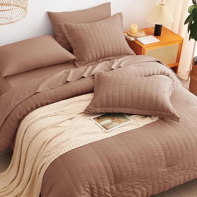 CozyLux Full Size Comforter Sets with Sheets 7 Pieces, Mocha Mousse Seersucker Bed in a Bag Textured Luxury Soft Bedding Set with Down Alternative Comforter, Sheets, Pillowcases & Shams for All Season