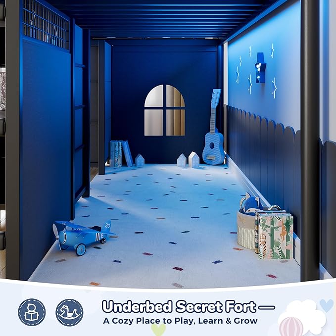 Low Loft Bed Twin Size with 7 Storage Drawers, Desk and LED Lights, Heavy Duty Metal Kids Loft Bed with 12" H Safety Guardrail, Anti-Collision Pad, Private Play Curtain, Under-Bed Play Space - Black