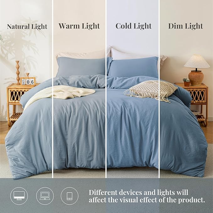 MILDLY Super Soft Duvet Cover - 100% Washed Microfiber Haze Blue Comforter Cover Set 3 Pieces with Zipper Closure & Corner Ties (No Comforter)