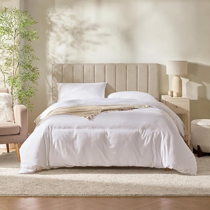 Hearth & Harbor Upholstered Full Headboard - Easy Assemble Channel Stitched Headboard Full Size - Wall Mounted Headboards with 3D Soundproof Wall Panels Peel & Stick Floating Headboards, Beige