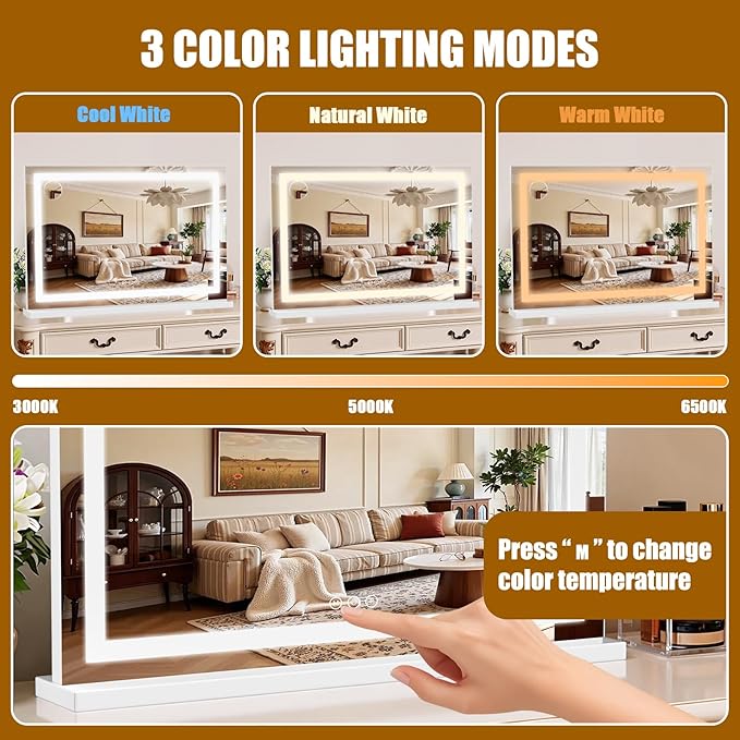 Vanity Mirror with Lights 32"x20", LED Makeup Mirror, 3 Color Lighting Modes, 10X Magnification, Smart Touch Control, Dimmable, Aluminum Metal Frame, Lighted Up for Vanity Desk (White)