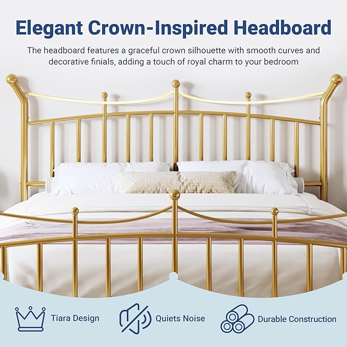 Allewie 14 Inches King Size Metal Platform Bed Frame with Elegant Crown Iron-Art Headboard & Footboard, Sturdy Mattress Foundation with Under-Bed Storage, Easy Assembly, No Box Spring Needed, Gold