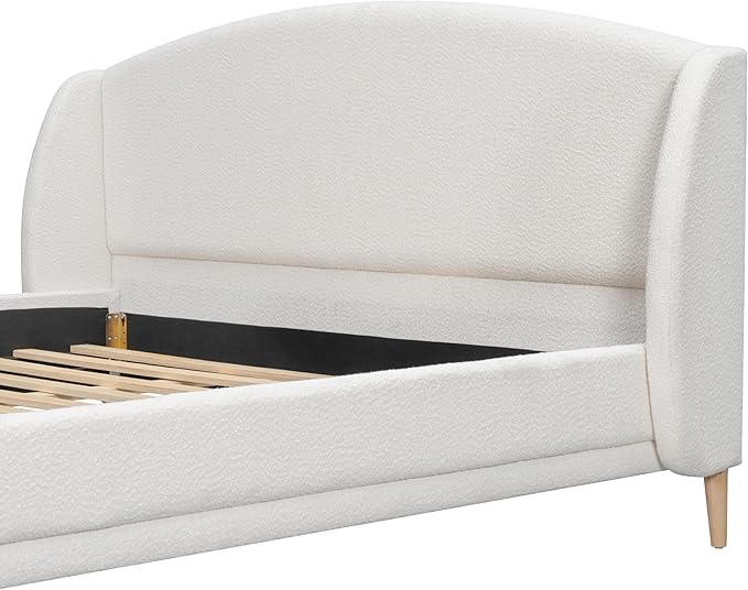 Queen Size Bouclé Upholstered Platform Bed Frame with Wingback Headboard, Rounded Corners, Modern Fabric Bed with Wood Slats Support, No Box Spring Needed, White
