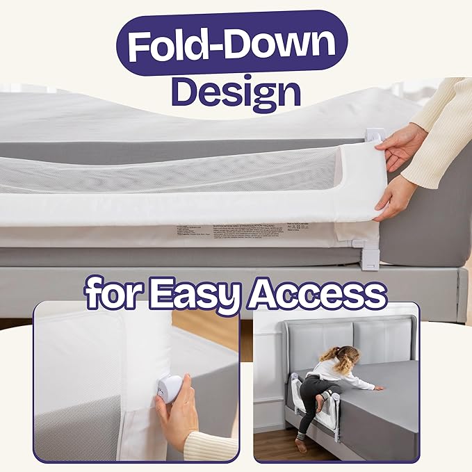 ComfyBumpy Premium Adjustable Bed Rail for Toddlers, Swing-Down Safety Guard, Height Adjusts 24.4"–32.3" H, 35.5" Regular Length, Sturdy Steel & Breathable Mesh, for Twin, Full & Queen, White, 1-Pack