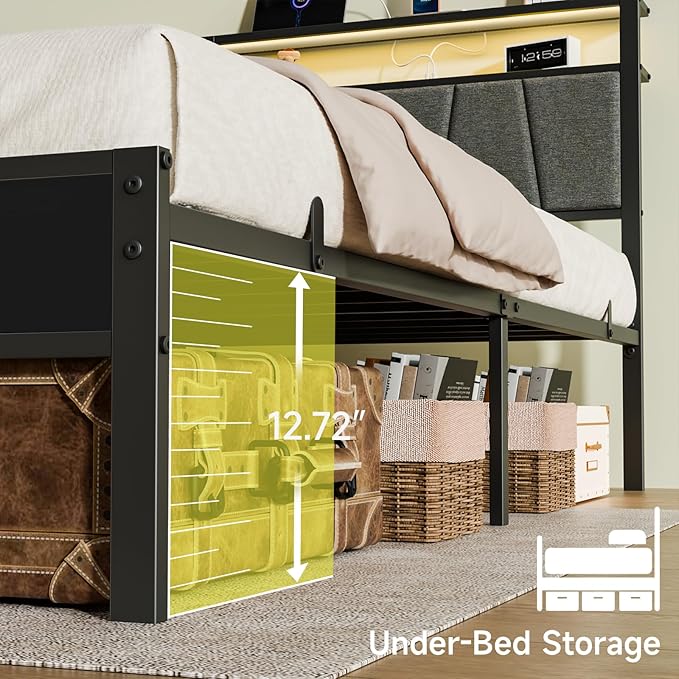Z-hom Storage Headboard with Charging Station Twin Bed Frame, LED Bed with Upholstered Headboard and Footboard, Metal Platform Bed with 2-Tier Shelves, Easy Assembly, No Box Spring Needed, Noise Free