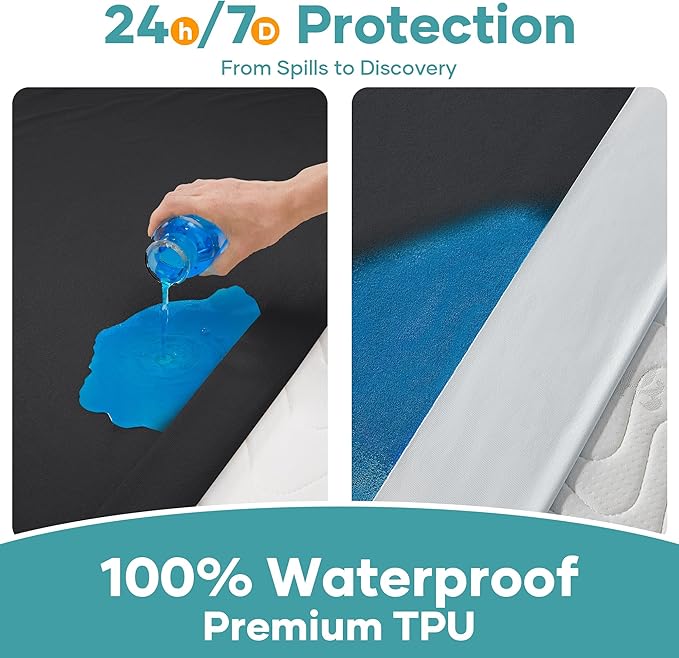 OhGeni 100% Waterproof Mattress Protector, King Black Size, Fitted Sheet with Deep Pockets, 6''-18'', Premium Noiseless Breathable Soft Material, Mattresses Cover for Bed