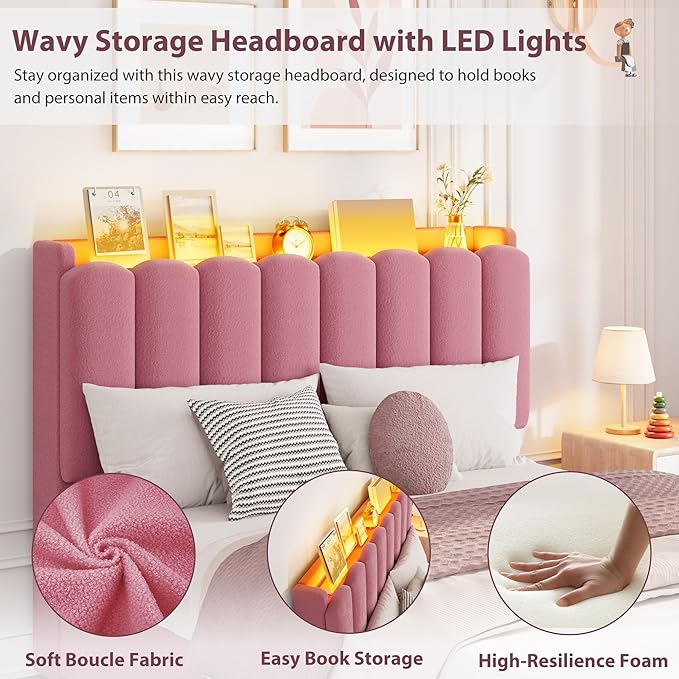 Garvee LED Full Size Bed Frame with Storage Headboard, Kids Bed Frame with 2 Drawers, Boucle Upholstered Platform Bed for Girls, Chic Wavy Headboard with Bookcase, No Box Spring Needed, Dark Pink