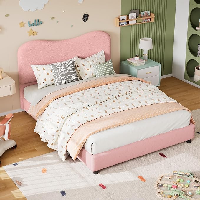 GarveeHome Boucle Full Size Bed Frame with Upholstered Headboard, Soft Low Profile Sturdy Platform Bed with Rounded Corners Design, Heavy Duty, Wooden Slats, Noise Free, No Box Spring Needed, Pink
