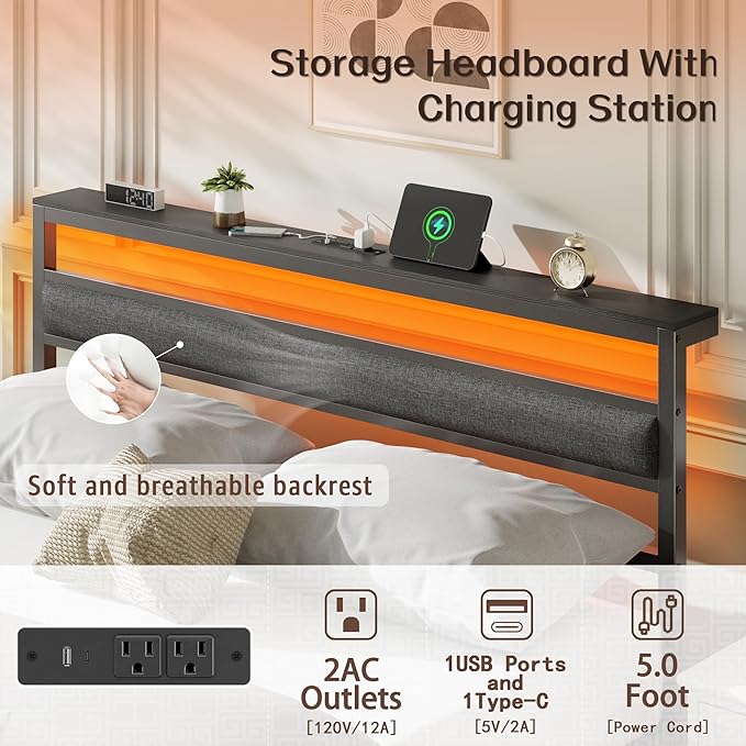 Ourpic Queen Bed Frame with Led Lights and Charging Station, Bed Queen Size Frame with Headboard and Under Bed Storage, Black Metal Platform Bedframe and Storage Shelf, Easy Install