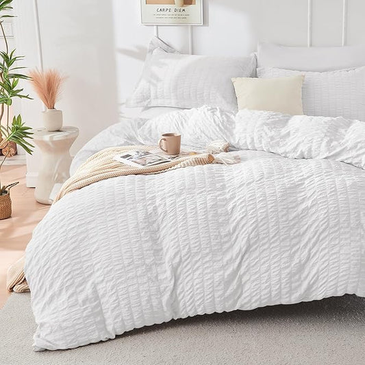 HYMOKEGE White Duvet Cover Full Size, Ultra Soft 3-Piece Seersucker Duvet Cover Set with Zipper Closure, Soft Brushed Microfiber Bedding Set with 8 Corner Ties (80"x90", 2 Pillowshams)