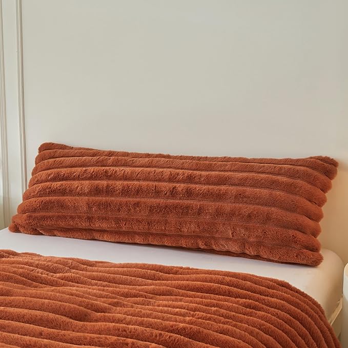 MEGO Fluffy Faux Rabbit Fur Body Pillow Cover, Soft Comfy Furry Striped 20x54 Bed Body Pillowcase, Plush Fuzzy Ribbed Bedroom Long Pillow Case with Zipper for Adults Kids Girls Teens, Burnt Orange