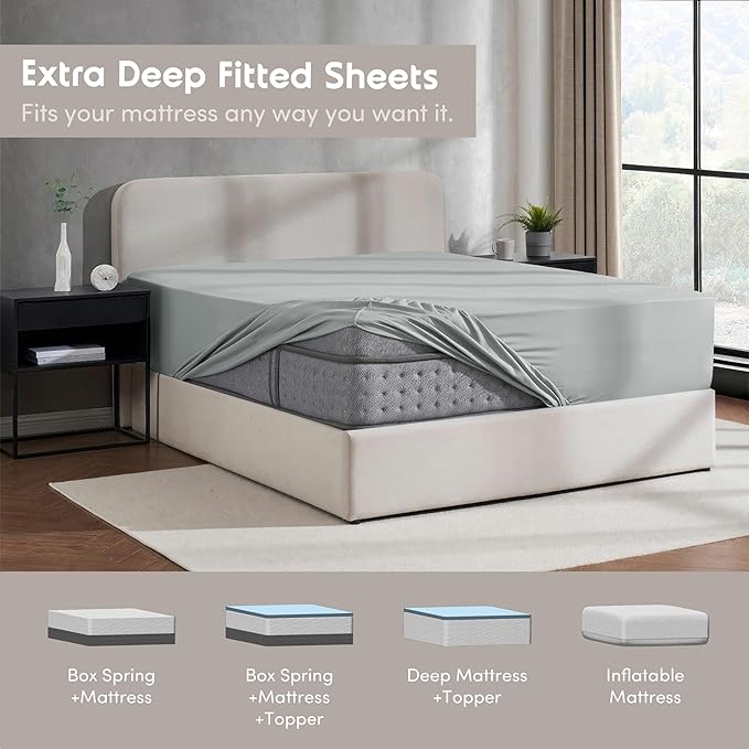 Nestl 4 Pack Light Grey Fitted Sheet Extra Deep Pocket, Hotel Luxury FullFitted Sheet Only Easily Fits 18 to 24 Inch Mattress, Super Soft, Wrinkle-Free and Breathable with Corner Straps