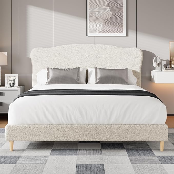 GarveeHome Queen Size Bed Frame with Upholstered Headboard, Soft Low Profile Sturdy Platform Bed with Rounded Corners Design, Heavy Duty, Wooden Slats, Noise Free, No Box Spring Needed, Beige