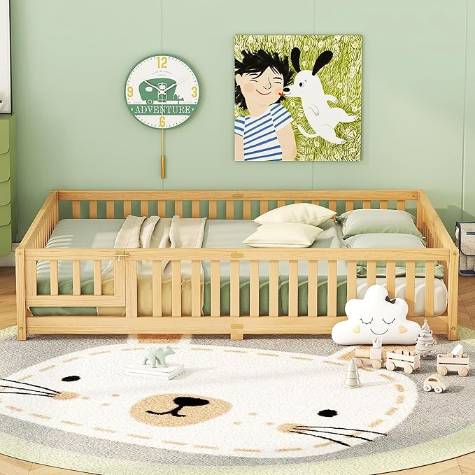 Bellemave Queen Floor Bed with Slats and Door, Queen Size Montessori Floor Bed with Fence and Door, Easy Assemble Montessori Beds Frame for Girls, Boys, Natural