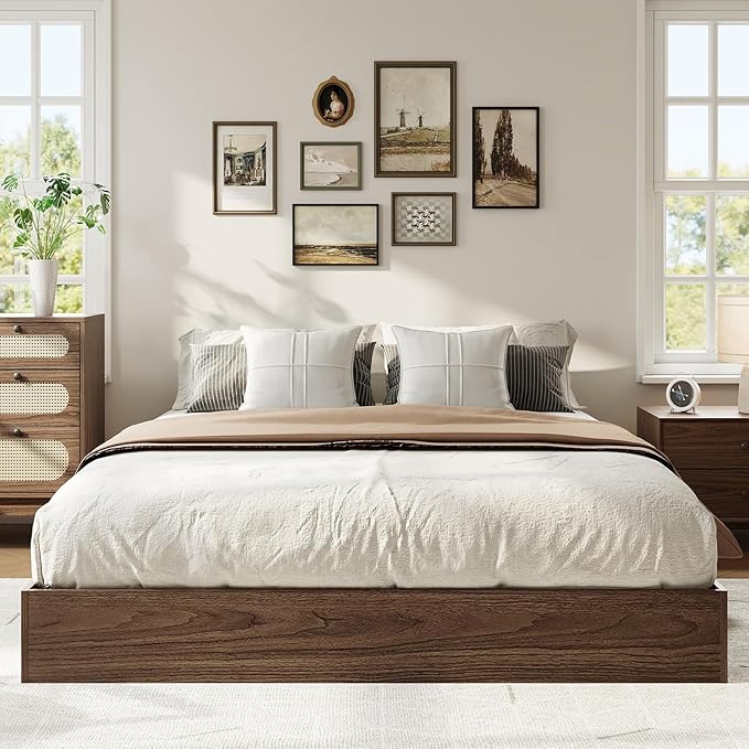 IDEALHOUSE Platform Bed Frame King Size,Wooden Slat Support,No Box Spring Needed, Easy Assembly,Walnut