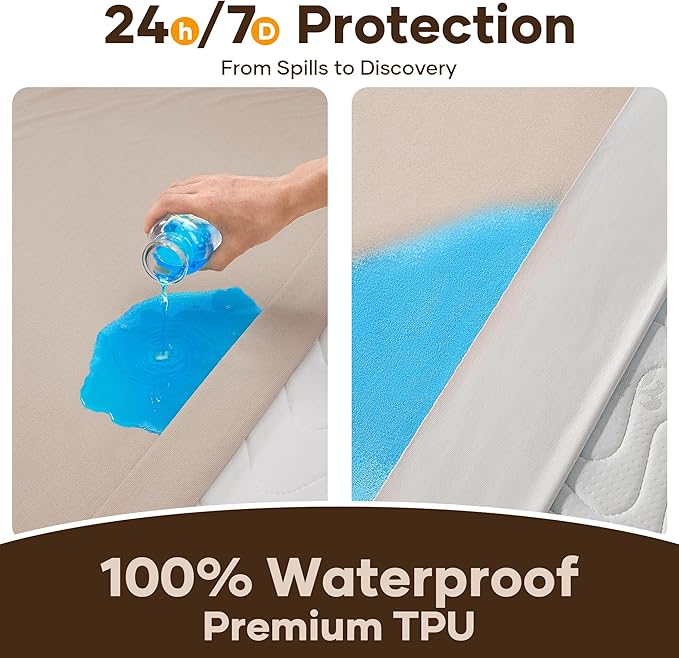 OhGeni 100% Waterproof Mattress Protector, Queen Size Brown, Fitted Sheet with Deep Pockets, 6''-18'', Premium Noiseless Breathable Soft Material, Mattresses Cover for Bed