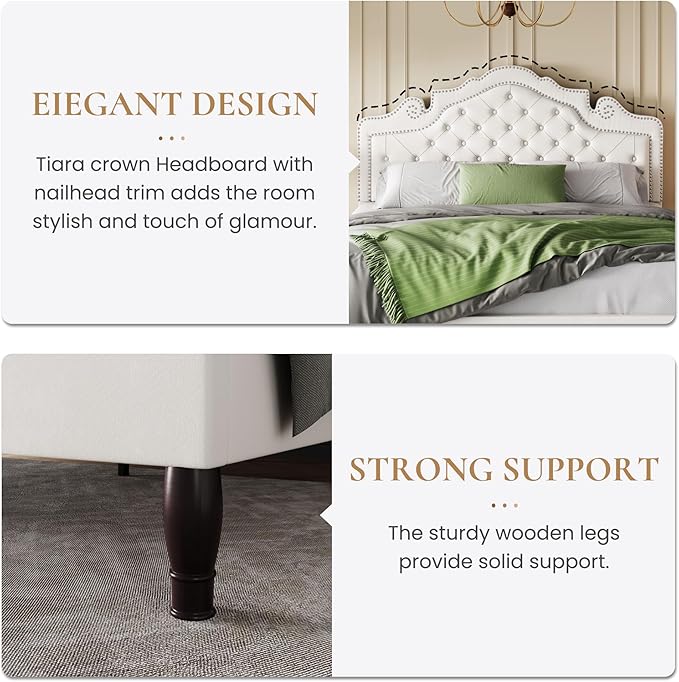 SHA CERLIN Queen Size Bed Frame with Adjustable Headboard/Velvet Upholstered/Diamond Button Tufted and Metal Studs/No Box Spring Needed/Sturdy Wood Slat Support/Easy Assembly/White