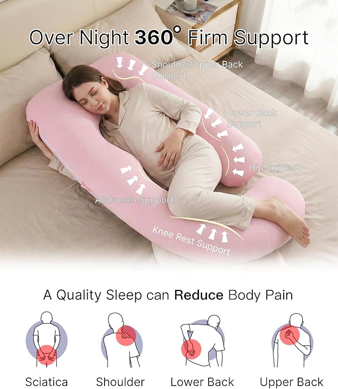ALLOPERA Pregnancy Pillow, Full Body 57 Inch Maternity Pillow with Removable Washable Cover - Sleep Support for Legs, Back, Neck, Shoulder, HIPS, Belly for Pregnent Women, Pink Milk Fiber Cover