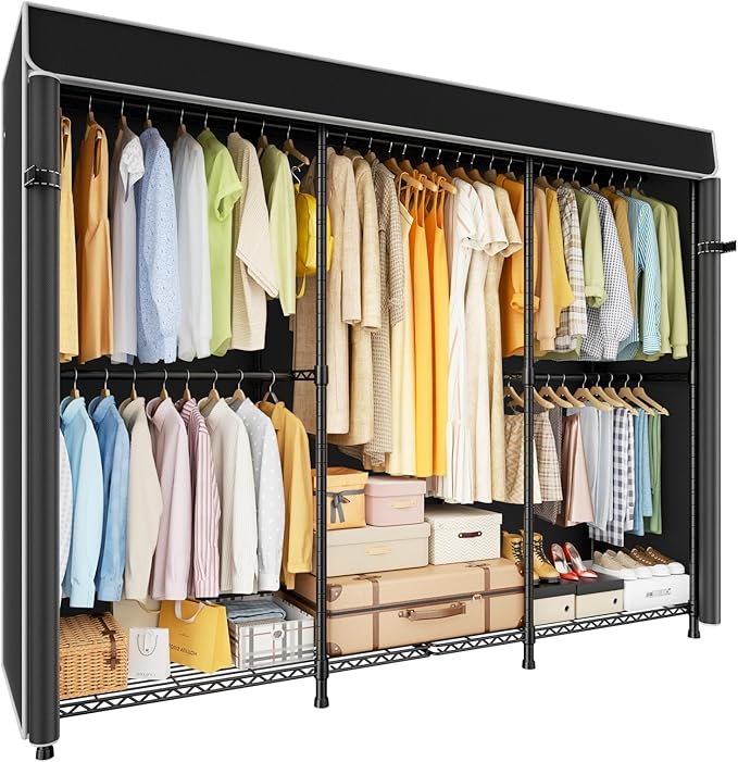 ULIFHOME E14C Pro Heavy Duty Closet Organizer System，Freestanding Clothing Racks for Hanging Clothes，Adjustable Garment Rack 70.1"W × 16.6"D × 76.4"H Hold 960 lbs，Black Rack with Black Dustproof Cover