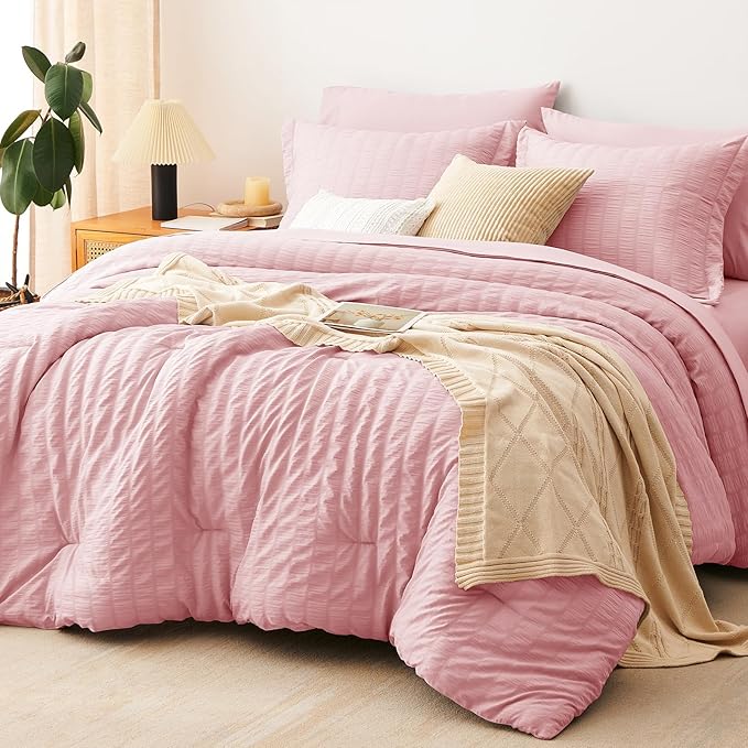 CozyLux Queen Comforter Set Pink Seersucker 7 Pieces Bed in a Bag Queen Comforter Set with Sheets, Luxury Soft Bedding Set with Down Alternative Comforter, Sheets, Pillowcases & Shams for All Seasons