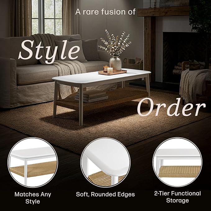 Alaterre Furniture Calais 48 Inch Rectangular Wood Coffee Table with Woven Storage Shelf – Mid Century Modern 2-Tier Living Room Table (White)