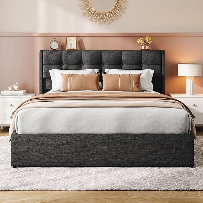 Lift Up Queen Size Bed Frame with Storage, Upholstered Queen Bed Frame with Wingback Headboard, No Box Spring Needed, Easy Assembly - Dark Grey
