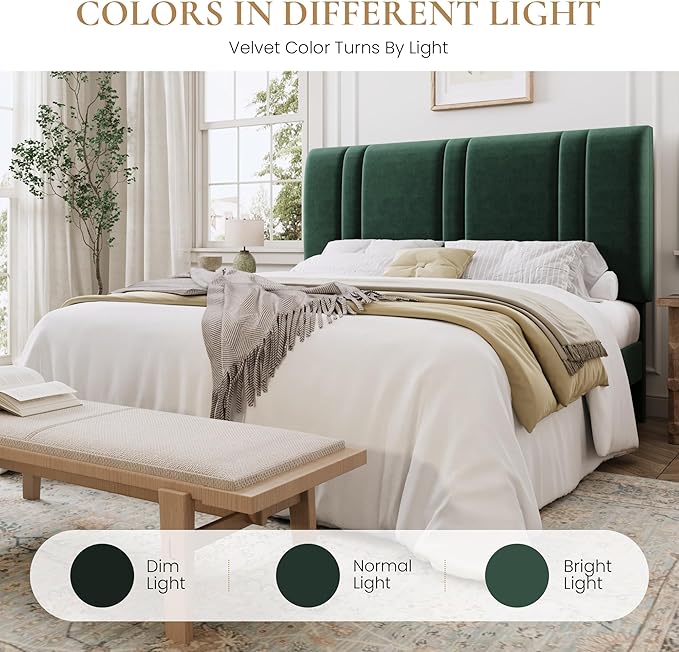 SHA CERLIN Queen Size Platform Bed Frame, Velvet Upholstered Bed with Adjustable Headboard, Vertical Channel Tufted Design, Sturdy Wood Slat Support, No Box Spring Needed, Easy Assembly, Green