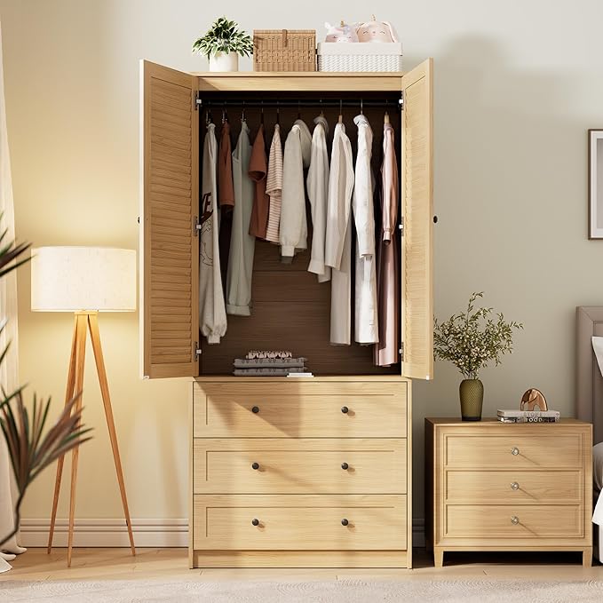 GarveeHome Armoire Wardrobe Closet with Drawers, 69.5 in Wooden Wardrobe Cabinet with Hanging Rod, 2 Doors Clothing Storage Cabinet for Bedroom, Large Capacity Storage, Louvered Door, Natural