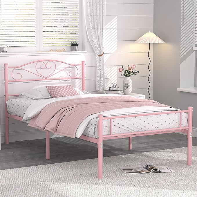 VECELO 14 Inch Twin Size Metal Platform Bed Frame with Headboard and Footboard, Heavy Duty Mattress Foundation with Steel Slats Support, No Box Spring Needed, Pink