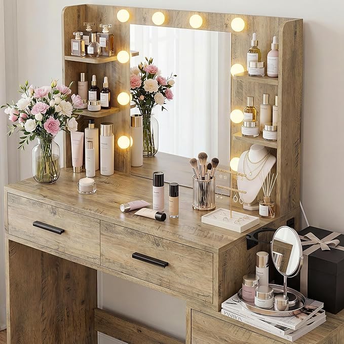 YESHOMY Makeup Vanity Desk with Mirror & Lights, Vanity Table with 5 Drawer, 6 Shelves, Charging Station for Bedroom, Dressing Room, Oak
