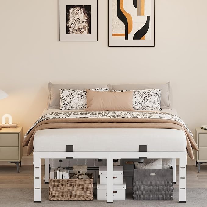 14 Inch Queen Bed Frames,Heavy Duty Metal Queen Size Platform 3500 lbs Capacity, No Box Spring Needed, 6 Mattress Slide Stopper, Headboard Holes, Noise-Free, Easy Assembly, White