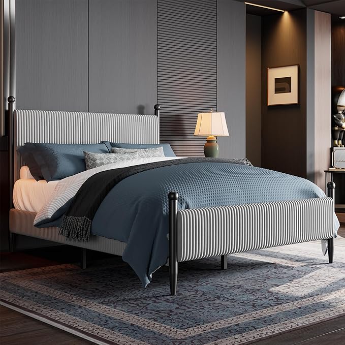 Garvee Full Size Upholstered Bed Frame - with Velvet Headboard, Soft Corduroy Fabric Platform with Wooden Slats Support & Heavy Duty Feet, No Box Spring Needed, Noise Free, Easy Assembly, Grey